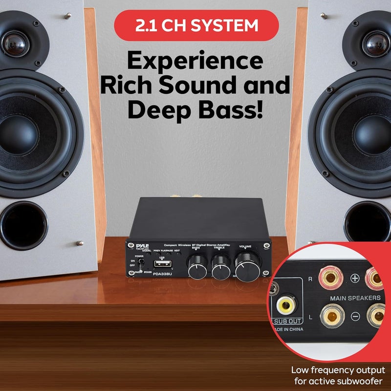 Pyle مضخم صوت ستيريو لاسلكي 2.1 CH - 200 واط مضخم صوت صغير بلوتوث مع مشغل USB، مدخل RCA، مخرج مضخم صوت، تحكم في الجهير والطبقات العالية، مضخم صوت مدمج لتدفق الصوت - Image 4